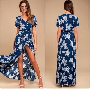 Lulu’s Heart of Marigold Navy Blue Floral Print Wrap Maxi Dress Size M